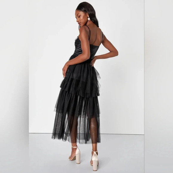 Lulus Sultry Sweetness Black Tiered Tulle Maxi Dress M Wedding Party Guest Dark - Picture 5 of 11